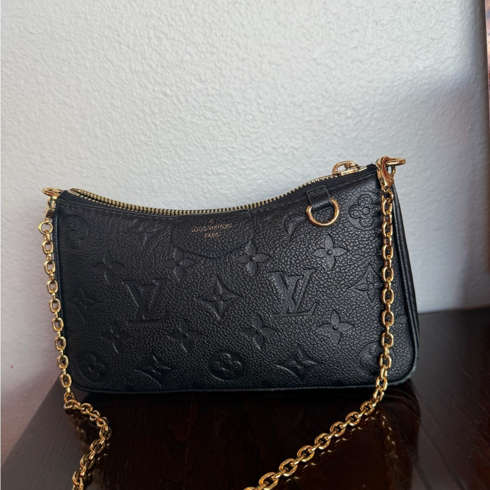 Louis Vuitton Black Embossed Leather Clutch with Gold Chain